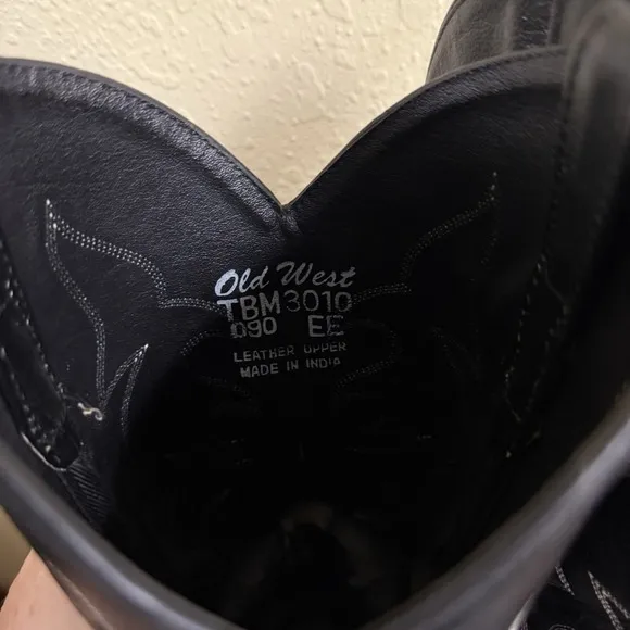Old West Mens 9 EE Black Leather Round Toe Western Cowboy Boots Rodeo Farm Ranch