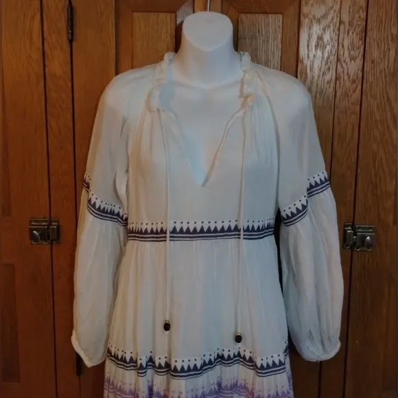Oliphant white &amp; purple balloon long sleeve Marakesh cotton mini dress