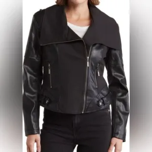 Ollie &amp; Lala Mixed Fabric &amp; Faux Leather Moto Jacket Black