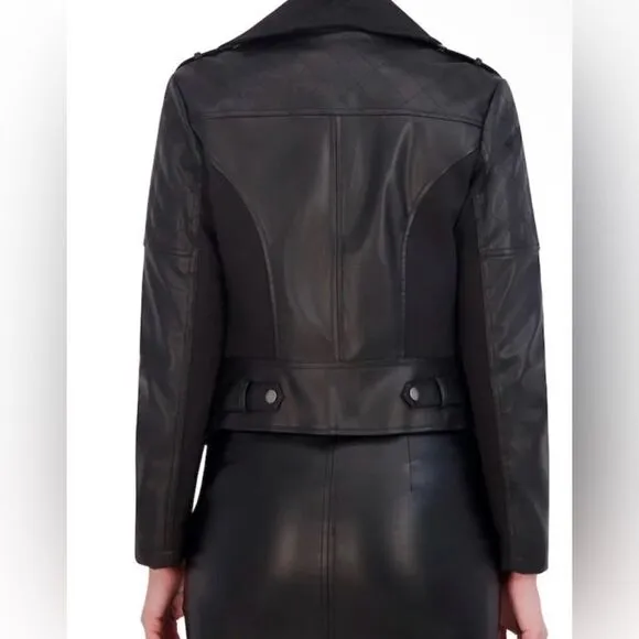 Ollie &amp; Lala Mixed Fabric &amp; Faux Leather Moto Jacket Black