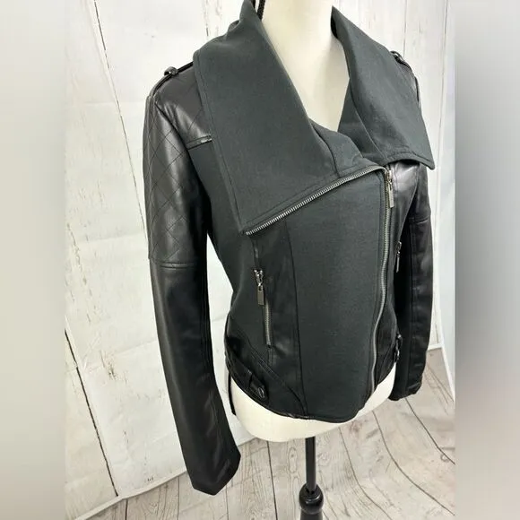 Ollie &amp; Lala Mixed Fabric &amp; Faux Leather Moto Jacket Black