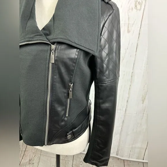 Ollie &amp; Lala Mixed Fabric &amp; Faux Leather Moto Jacket Black