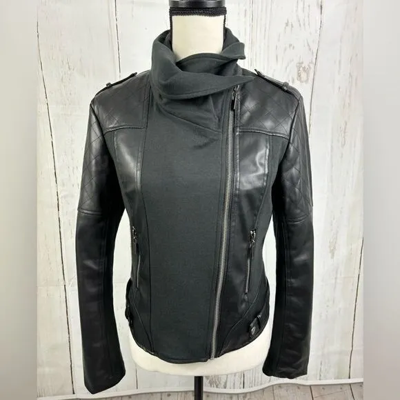 Ollie &amp; Lala Mixed Fabric &amp; Faux Leather Moto Jacket Black