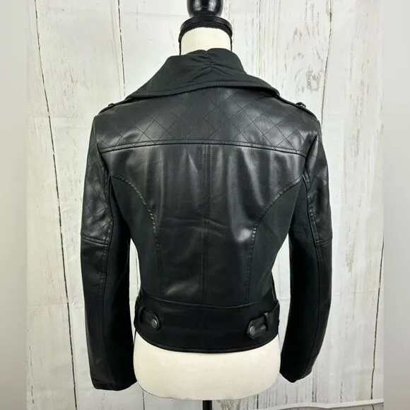 Ollie &amp; Lala Mixed Fabric &amp; Faux Leather Moto Jacket Black