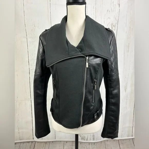 Ollie &amp; Lala Mixed Fabric &amp; Faux Leather Moto Jacket Black