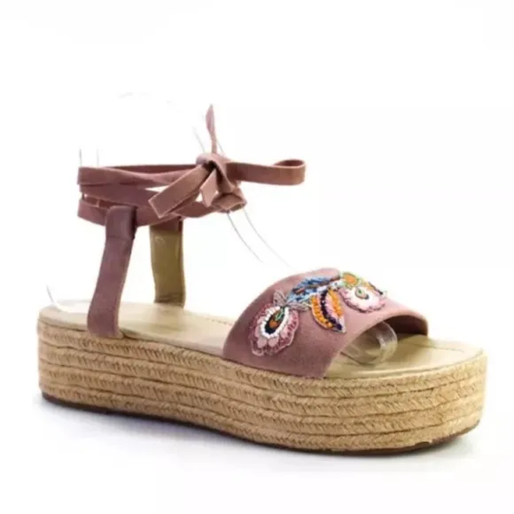 Ondademar pink suede beaded boho hippie platform wrap sandals 38