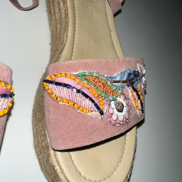 Ondademar pink suede beaded boho hippie platform wrap sandals 38