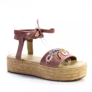 Ondademar pink suede beaded boho hippie platform wrap sandals 38