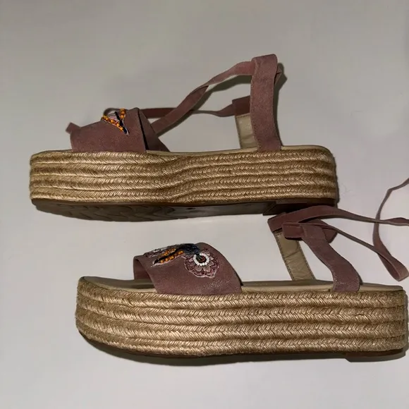 Ondademar pink suede beaded boho hippie platform wrap sandals 38