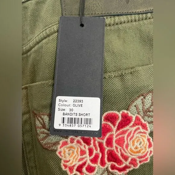 One Teaspoon Bandits Shorts Olive High Waist Floral Denim. 30. NWT