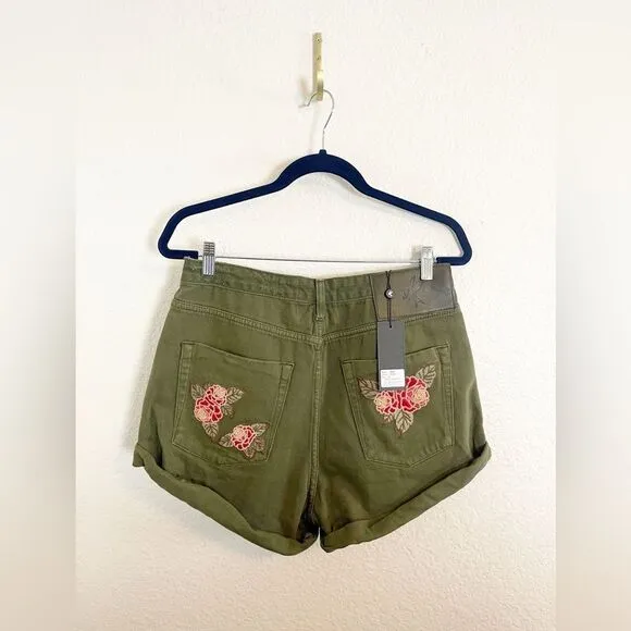 One Teaspoon Bandits Shorts Olive High Waist Floral Denim. 30. NWT