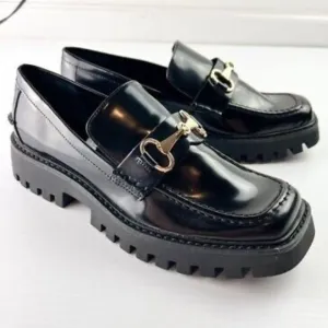 Open edit Sz 11 Black Leather Loafers with Gold Accent. CHunky heel 90s style