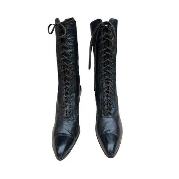 Original Vintage 1910s-1920s Black Lace Up Louis Heel Boots | Approx Sz 6-6.5