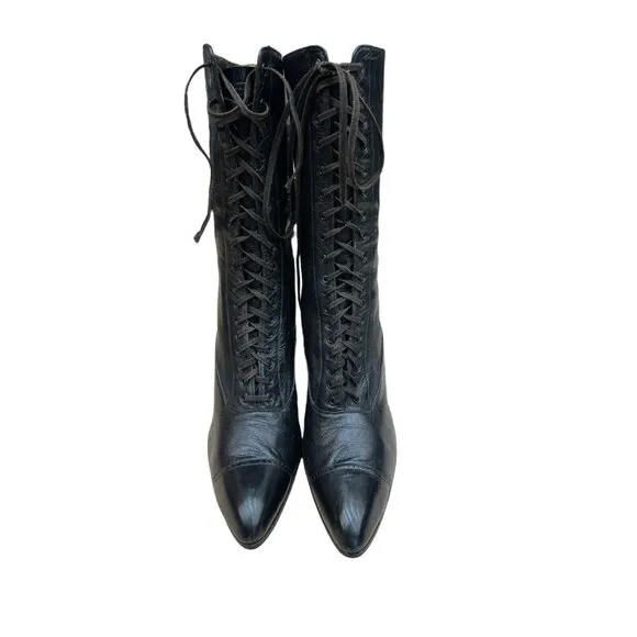 Original Vintage 1910s-1920s Black Lace Up Louis Heel Boots | Approx Sz 6-6.5