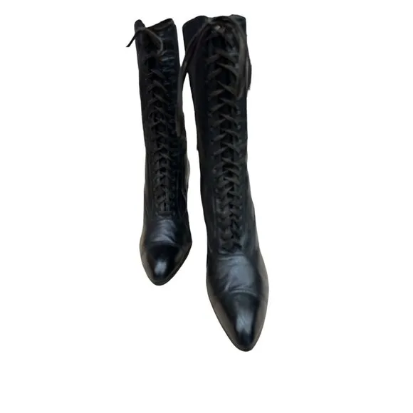 Original Vintage 1910s-1920s Black Lace Up Louis Heel Boots | Approx Sz 6-6.5