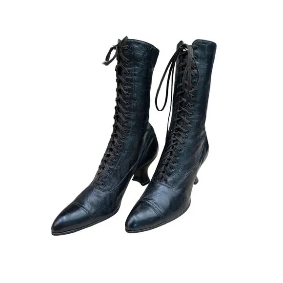 Original Vintage 1910s-1920s Black Lace Up Louis Heel Boots | Approx Sz 6-6.5