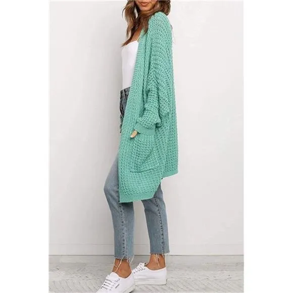 𝅺OVERSIZED Long Batwing Sleeve Cardigan Waffle Knit Sweater Coat  Lakegreen
