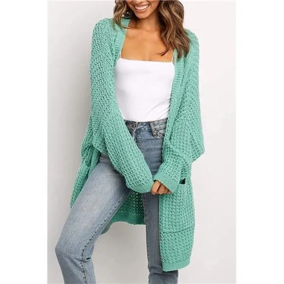 𝅺OVERSIZED Long Batwing Sleeve Cardigan Waffle Knit Sweater Coat  Lakegreen