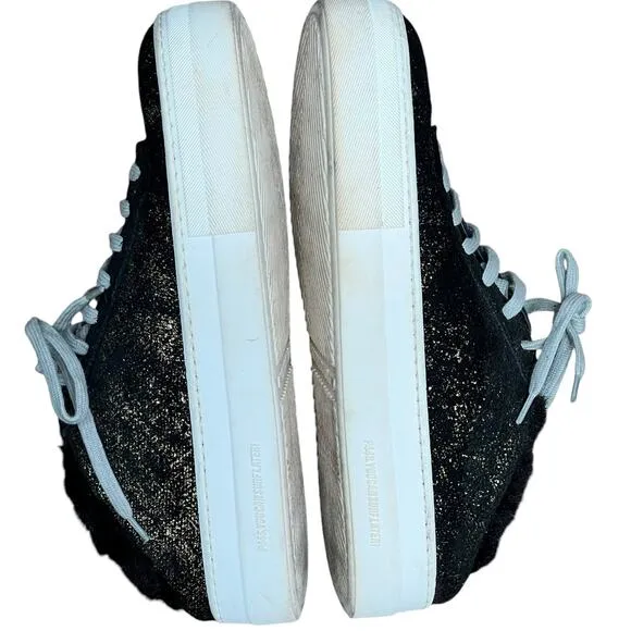 P448 Clara Sneakers Womens 7-7.5 Black Gold Monk Metallic Faux Fur Slip On Shoes