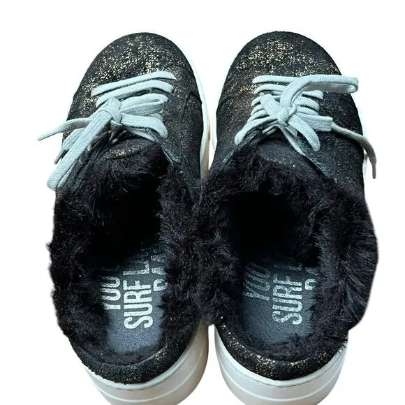P448 Clara Sneakers Womens 7-7.5 Black Gold Monk Metallic Faux Fur Slip On Shoes