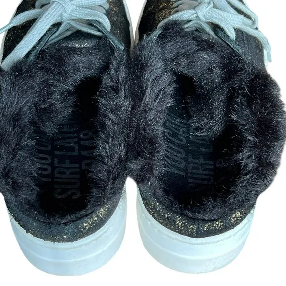 P448 Clara Sneakers Womens 7-7.5 Black Gold Monk Metallic Faux Fur Slip On Shoes