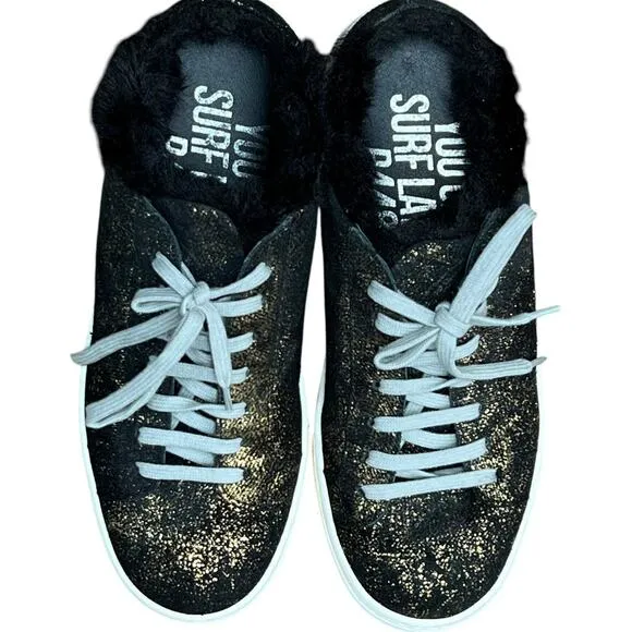 P448 Clara Sneakers Womens 7-7.5 Black Gold Monk Metallic Faux Fur Slip On Shoes