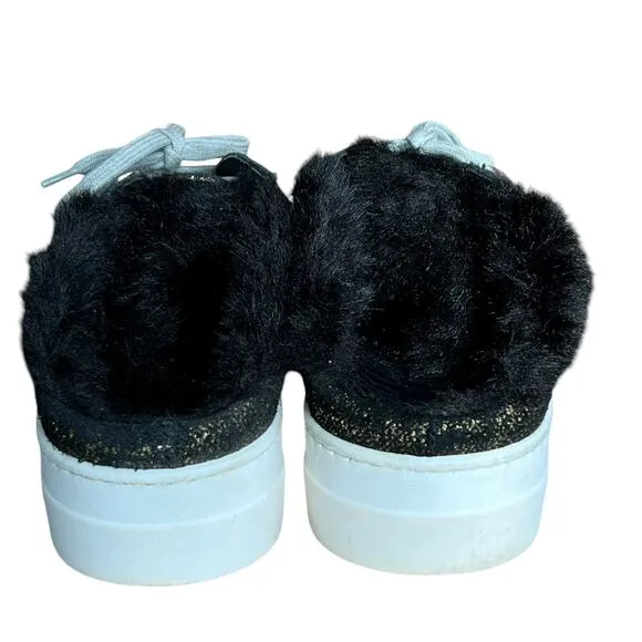 P448 Clara Sneakers Womens 7-7.5 Black Gold Monk Metallic Faux Fur Slip On Shoes