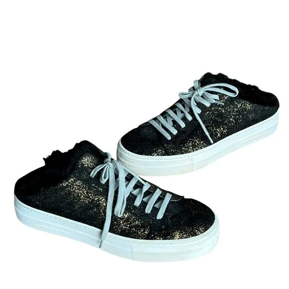 P448 Clara Sneakers Womens 7-7.5 Black Gold Monk Metallic Faux Fur Slip On Shoes