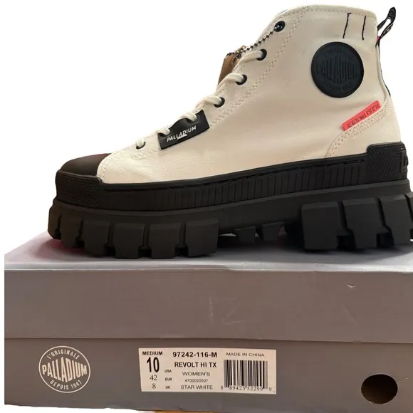 Palladium Revolt Hi TX Women's Boots Star White Black Chunky Platform Size 10