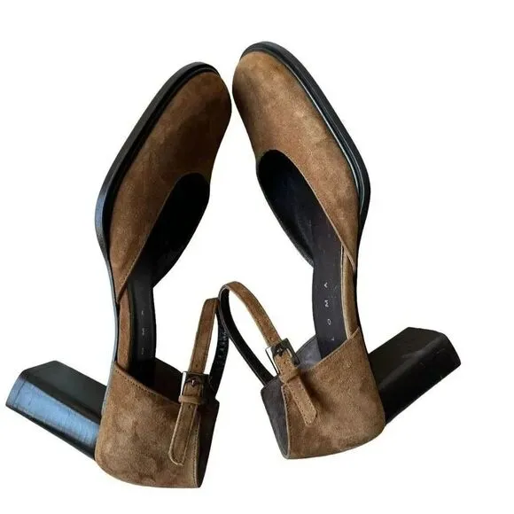 Paloma Round Square Suede Toe Chunky Heels Mary Jane Shoes feature leather 7.5