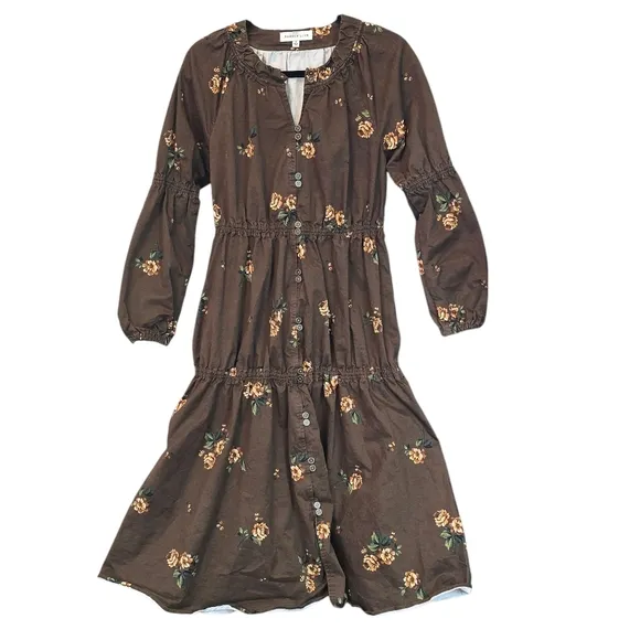 Pamela Love Boho Floral Tiered Cotton Blend Midi Dress Brown Size Small
