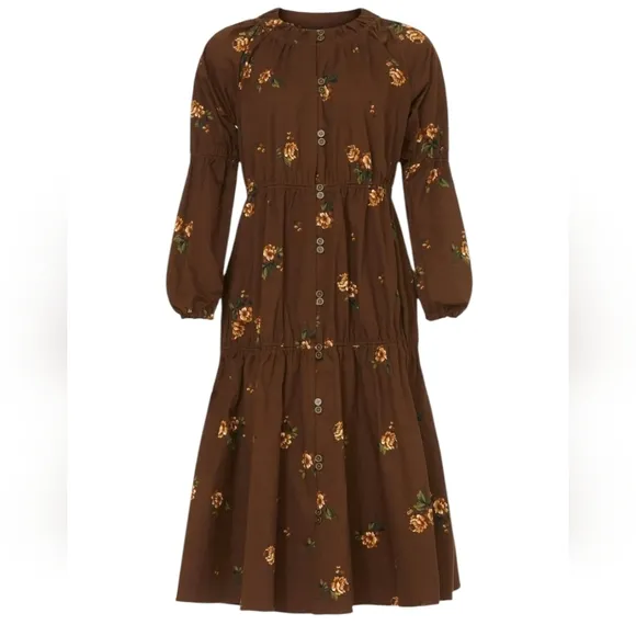 Pamela Love Boho Floral Tiered Cotton Blend Midi Dress Brown Size Small
