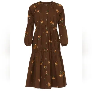 Pamela Love Boho Floral Tiered Cotton Blend Midi Dress Brown Size Small
