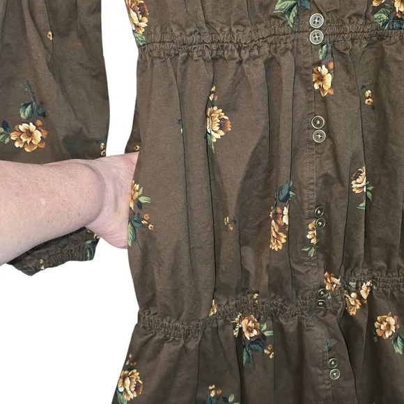 Pamela Love Boho Floral Tiered Cotton Blend Midi Dress Brown Size Small