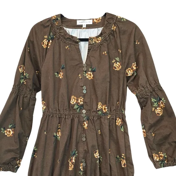 Pamela Love Boho Floral Tiered Cotton Blend Midi Dress Brown Size Small
