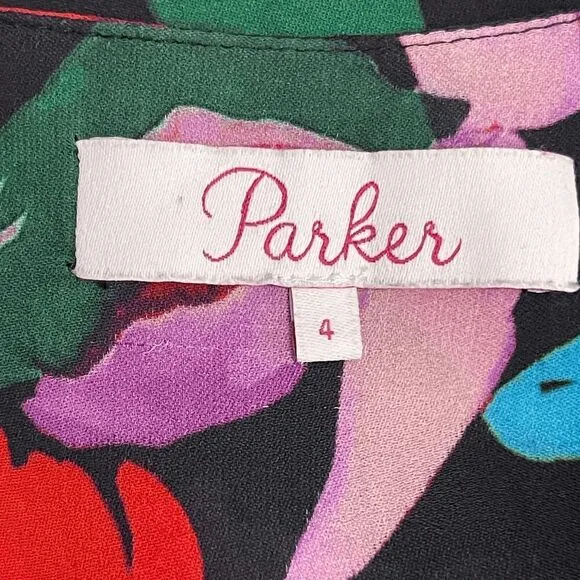 Parker Cora Floral Maxi Dress Black Silk Blend Asymmetric Hem Boho Size 4