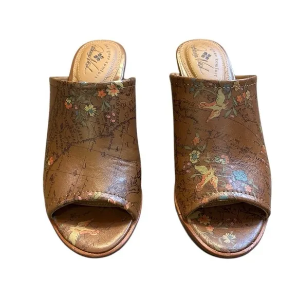 Patricia Nash Floral Map Print Open Toe Heeled Mules Slides Size 8.5