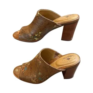 Patricia Nash Floral Map Print Open Toe Heeled Mules Slides Size 8.5
