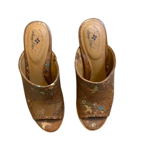 Patricia Nash Floral Map Print Open Toe Heeled Mules Slides Size 8.5