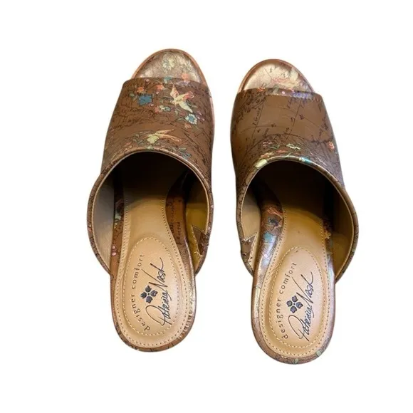 Patricia Nash Floral Map Print Open Toe Heeled Mules Slides Size 8.5