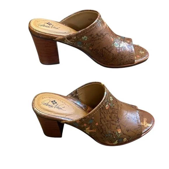 Patricia Nash Floral Map Print Open Toe Heeled Mules Slides Size 8.5