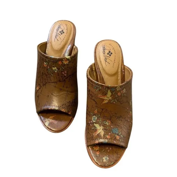 Patricia Nash Floral Map Print Open Toe Heeled Mules Slides Size 8.5