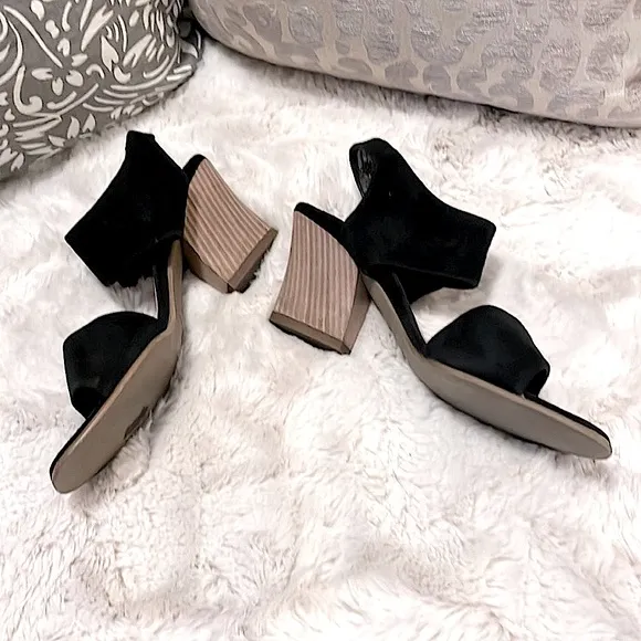 Paul Green High Quality Black Suede Velcro Wood Heel Sandal Shoes Sz 7