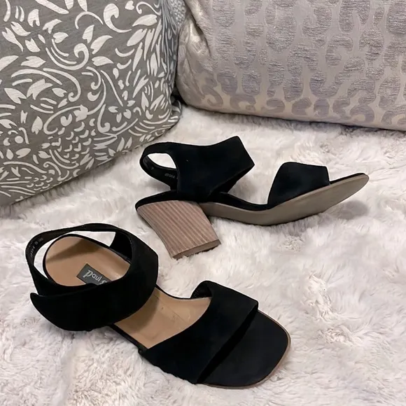 Paul Green High Quality Black Suede Velcro Wood Heel Sandal Shoes Sz 7