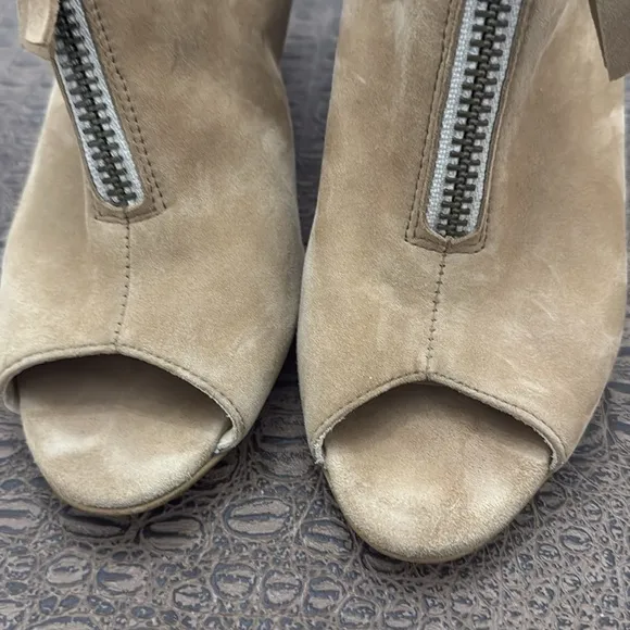 Paul Green Taupe Suede Open Toe Heeled Booties Ankle Boots Zip Peep Toe size 7.5