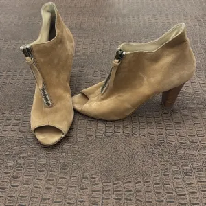 Paul Green Taupe Suede Open Toe Heeled Booties Ankle Boots Zip Peep Toe size 7.5