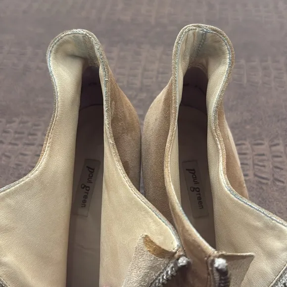 Paul Green Taupe Suede Open Toe Heeled Booties Ankle Boots Zip Peep Toe size 7.5