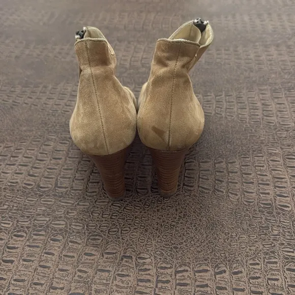 Paul Green Taupe Suede Open Toe Heeled Booties Ankle Boots Zip Peep Toe size 7.5