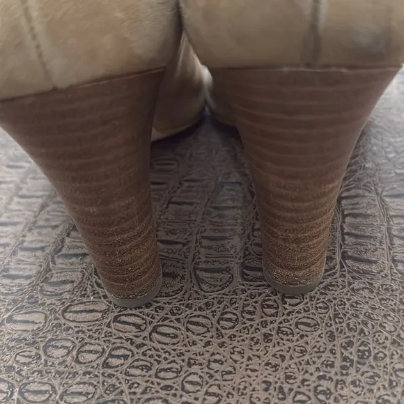 Paul Green Taupe Suede Open Toe Heeled Booties Ankle Boots Zip Peep Toe size 7.5