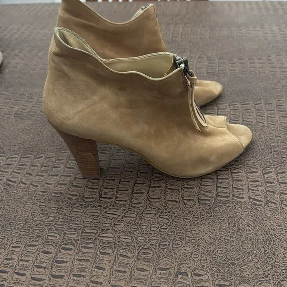 Paul Green Taupe Suede Open Toe Heeled Booties Ankle Boots Zip Peep Toe size 7.5